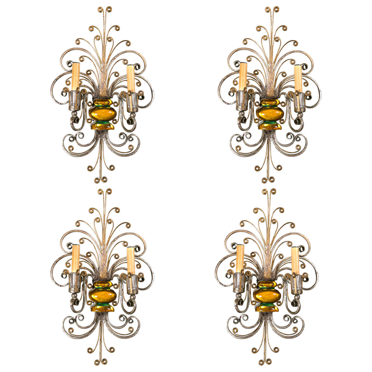 Set of French Double Light Sconces, circa 1930s For Sale
