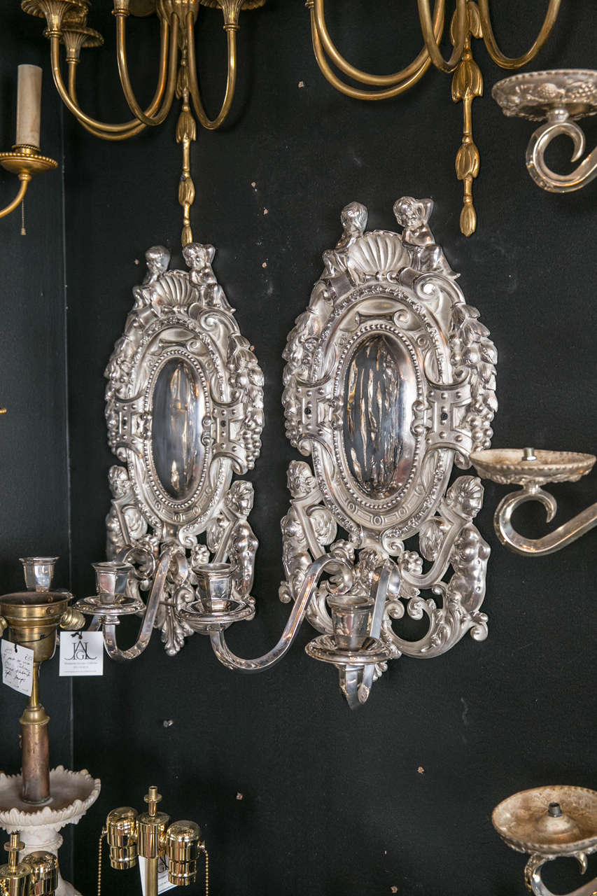Pair of Large circa 1920's Silver Plated Caldwell Sconces For Sale 2