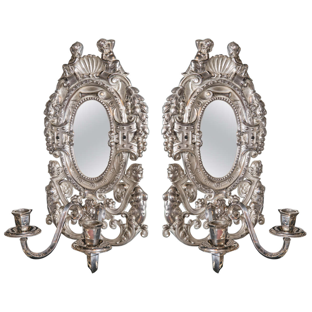 Pair of Large circa 1920's Silver Plated Caldwell Sconces For Sale