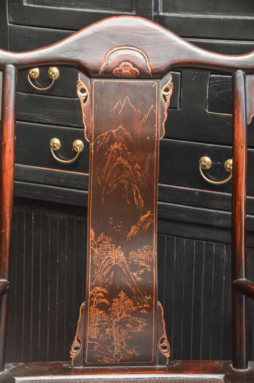 Late 19thC. Q'ing Dynasty Chinese Golden Painted Scholar's Cap Open Arm Chair In Excellent Condition In East Hampton, NY