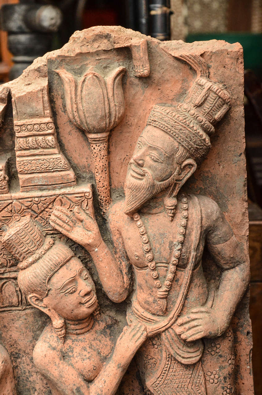 Terracotta Cambodian Mounted Temple Relief Tile