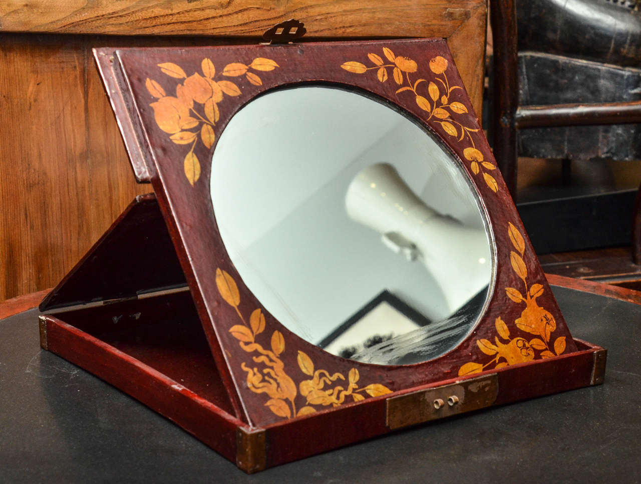 Turn of the Century Q'ing Dynasty Golden Painted Leather Folding Vanity Mirror