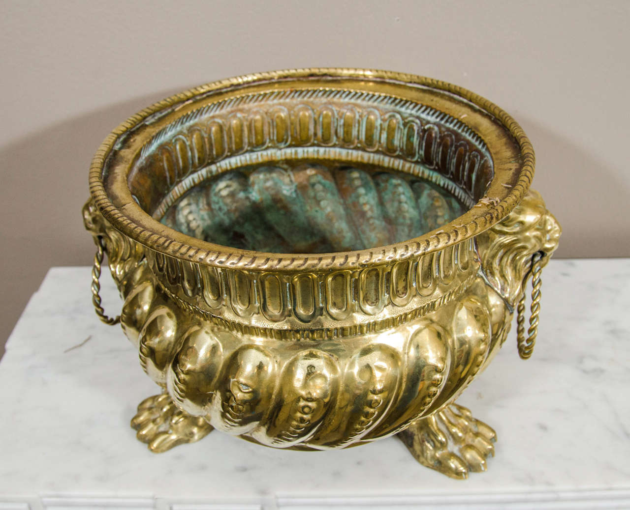 French A Pair of Continental Regence Style Brass Repoussé Cachepots For Sale