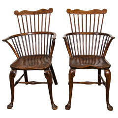 Antique Pair of George II Yew, Oak and Elm Windsor Chairs