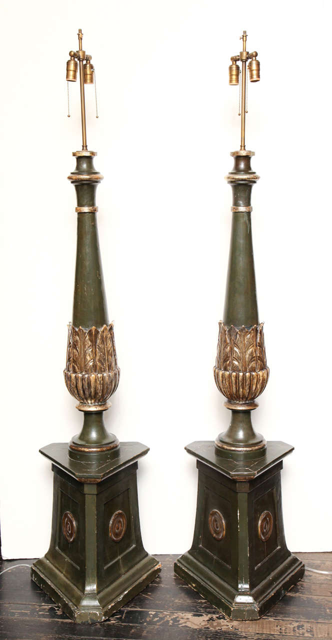 Pair of Italian 19th Century Painted and Silvered Neo-Classical Torcheres Converted to Lamps