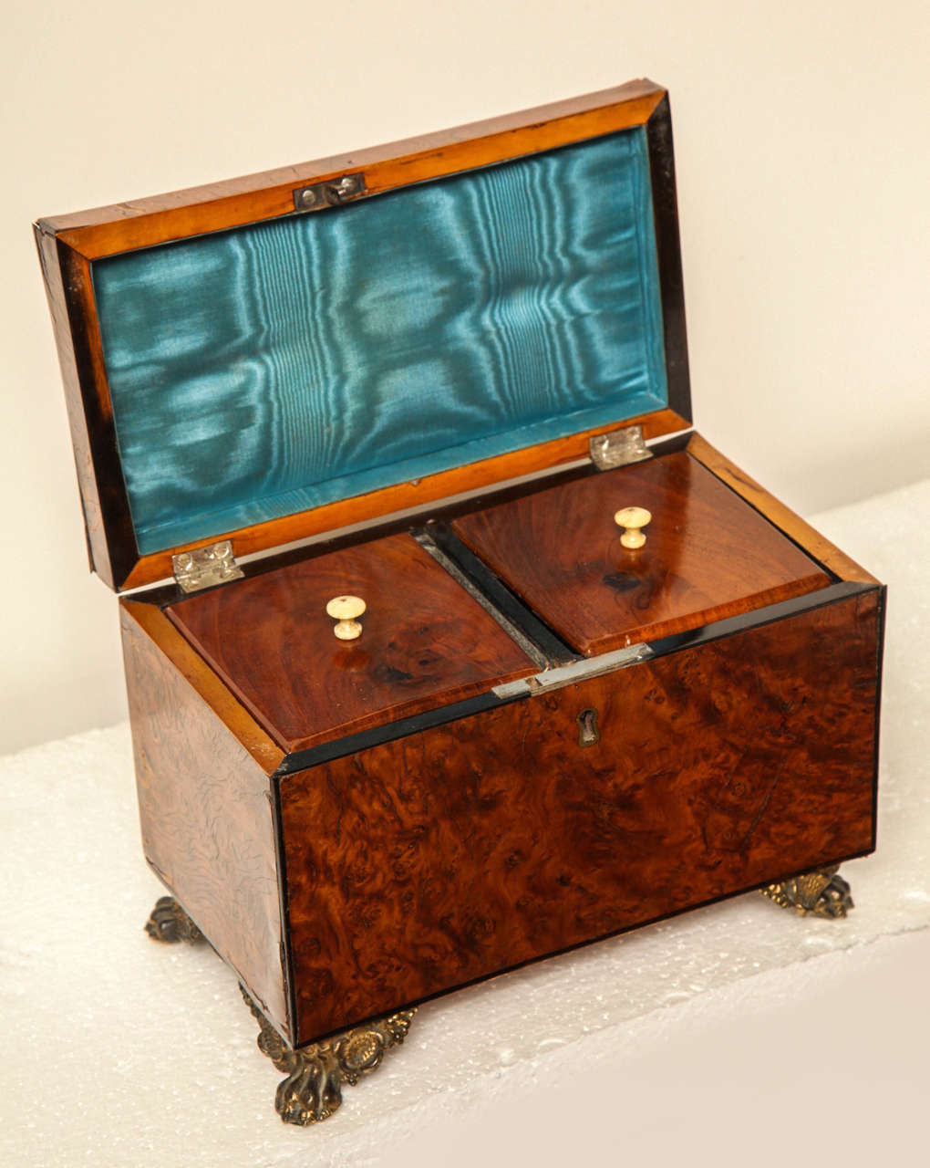 19th Century English Regency Burl Walnut Tea Caddy 2
