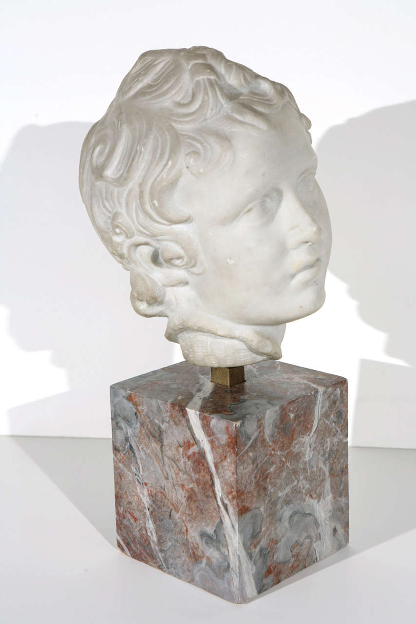 Sensitively hand carved, Italian, solid Carrara marble bust of a young man with flowing locks. Mounted on a custom, hand painted faux rouge marble base.