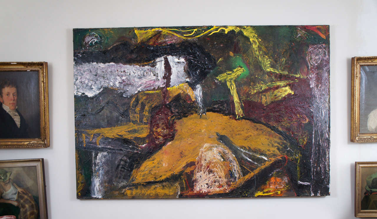 Large abstract, oil on canvas, by contemporary Hudson Valley artist, David Paulson. David received his BFA in painting from the Parsons School of Design and also studied at the New York Studio School. He has exhibited at the Morris Arlos Fine Arts
