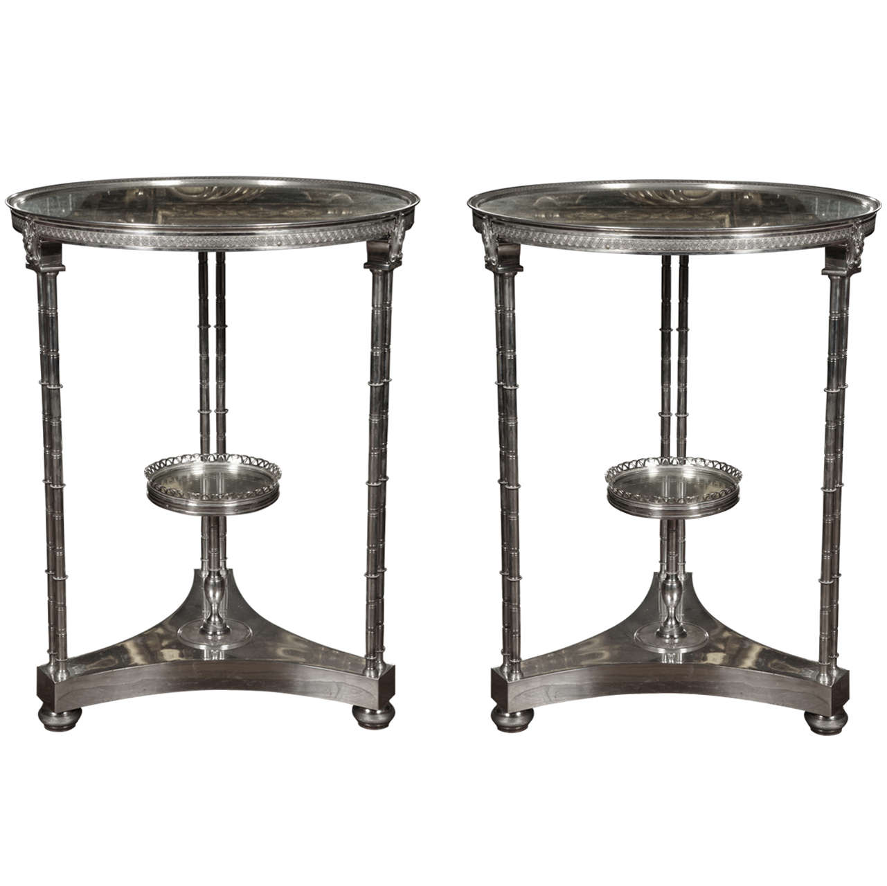 Elegant Pair of Silver Bronze and Eglomized Mirror Pedestals