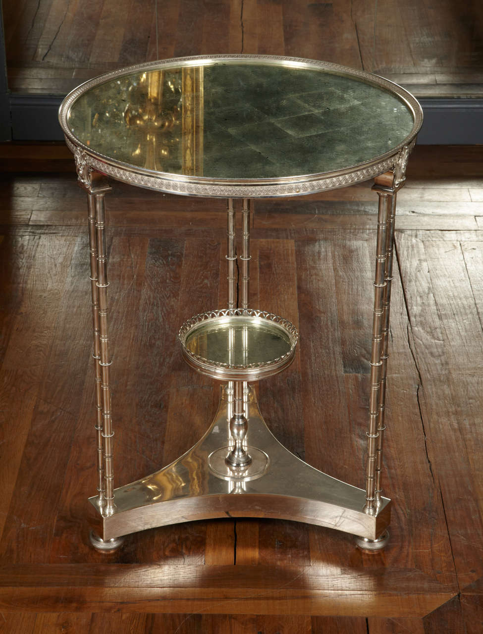 Neoclassical Elegant Pair of Silver Bronze and Eglomized Mirror Pedestals