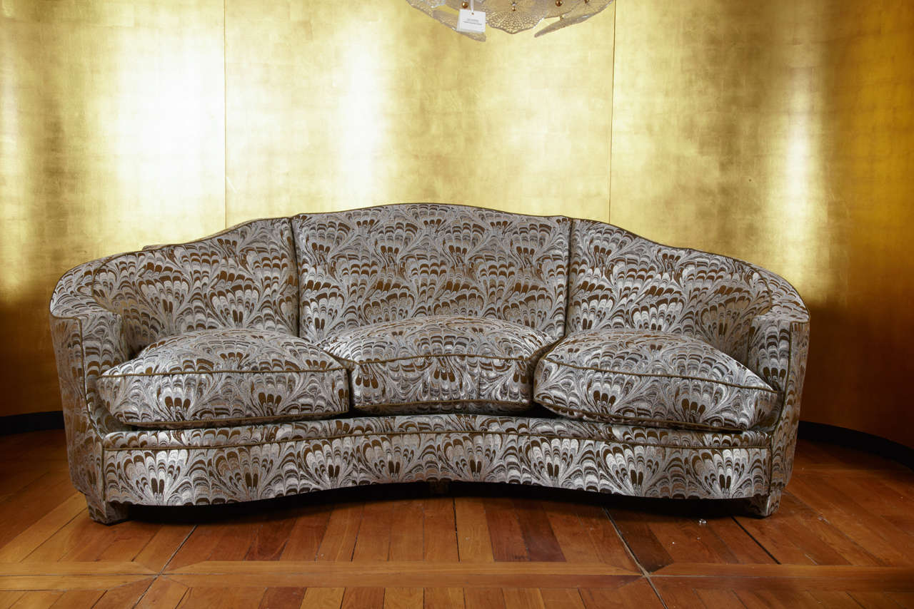 Sofa bean shape, three seat cushions, René Drouet model, new upholstered with Rubelli fabric
