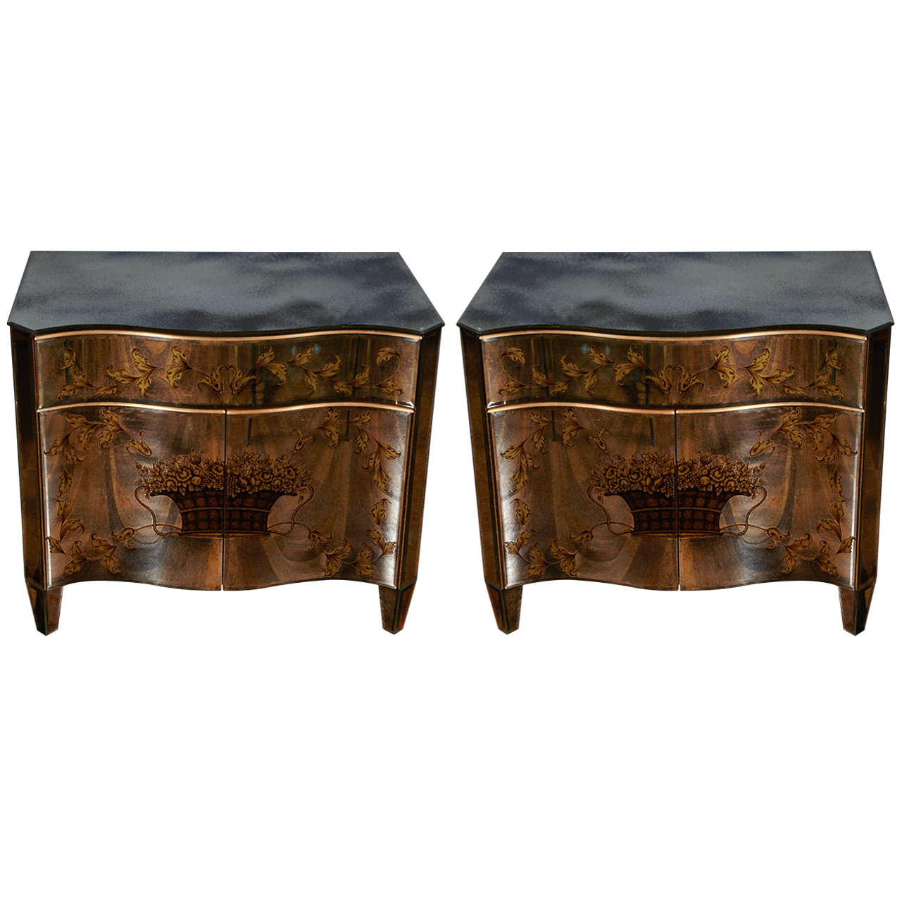 Exceptional Pair of Eglomised Mirror Commodes