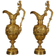 Important Pair of Gilt Bronze Ewers by Clodion