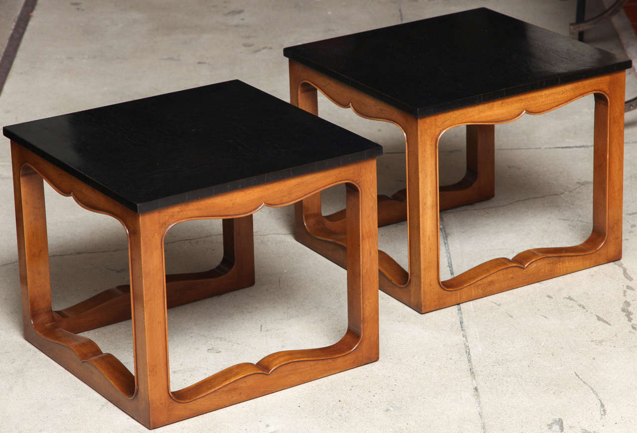 Natural elm bases with ebonized elm parquetry tops on this pair of tables. A very rare design from Michael Taylor's seminal Far East Collection for Baker Furniture, in very fine untouched orignal condition.