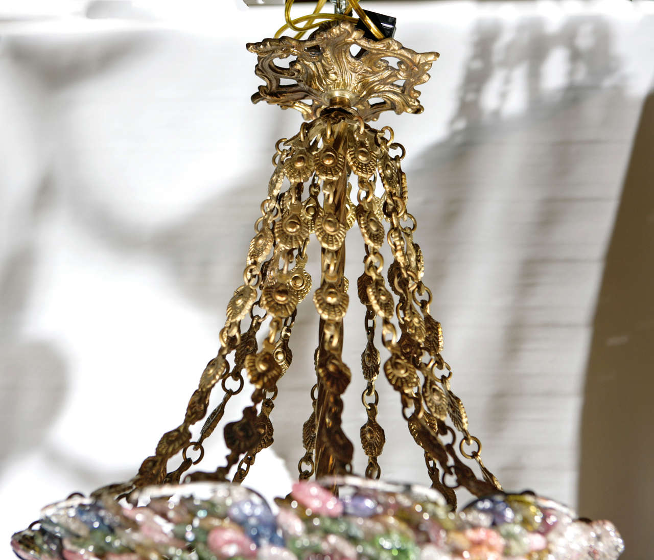 Italian Bell Shaped Art Glass & Brass Chandelier