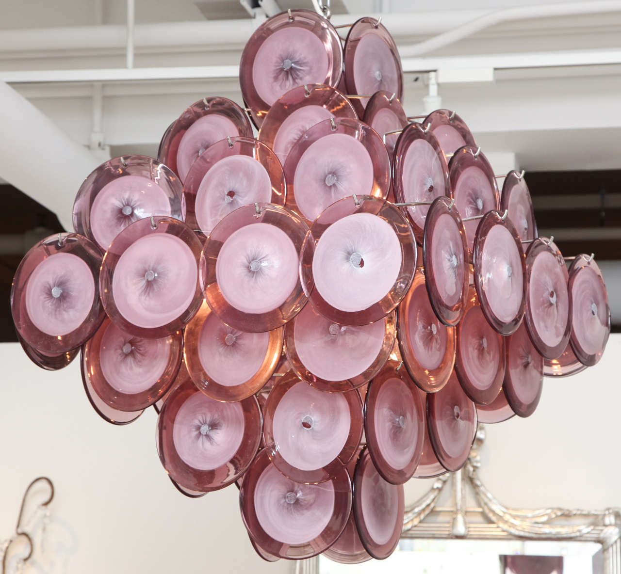 Mid-Century Modern Large Amethyst and White Murano Disc Chandelier (36