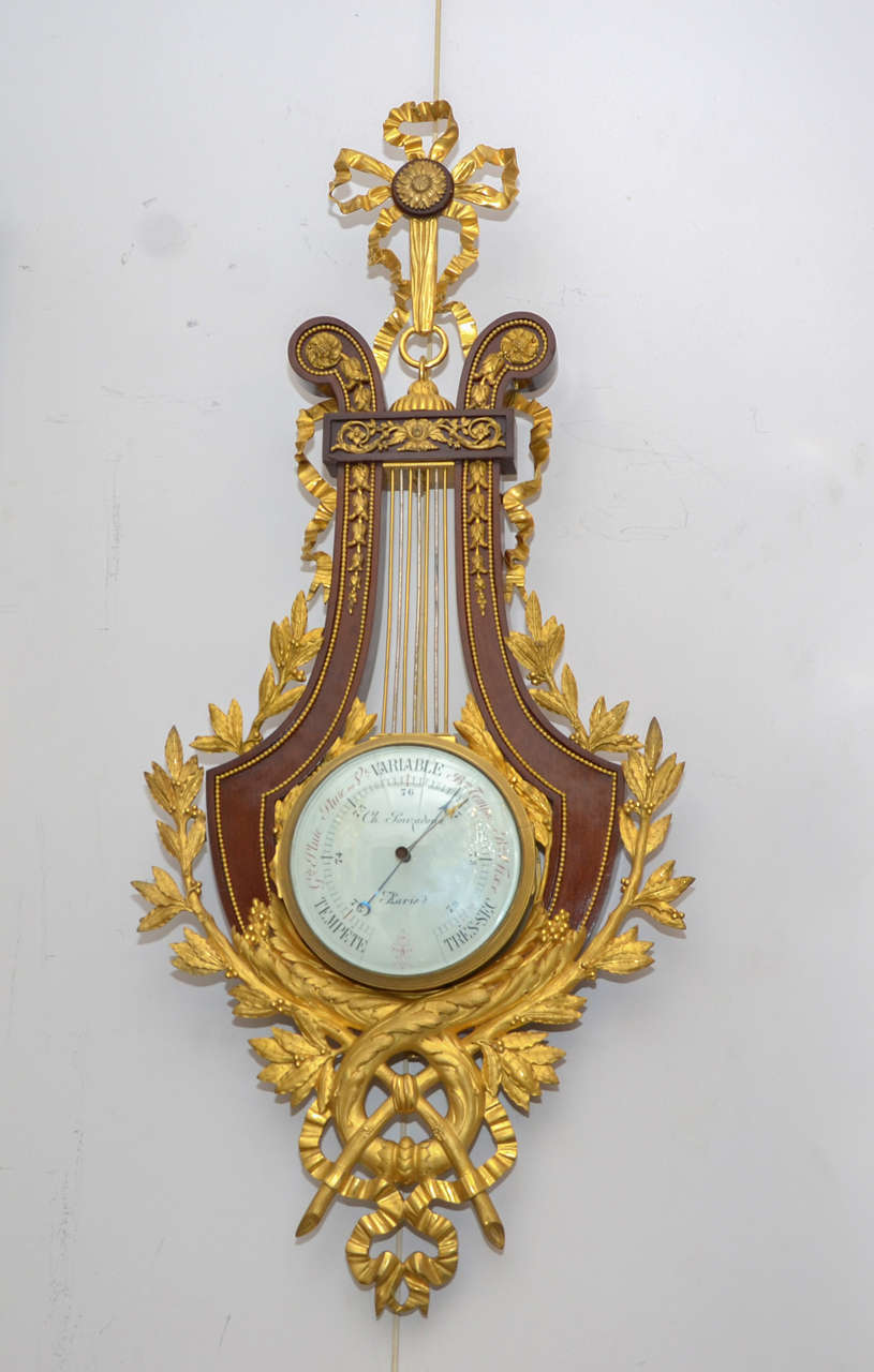 Gilded bronze  and mahogany barometer Louis XVI style

 Signed on enamail Pouzadoux Paris