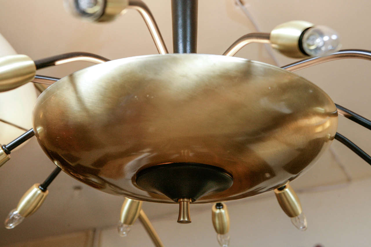 Modernist Twelve-Light Satin Brass and Black Enameled Chandelier In Good Condition In Cathedral City, CA