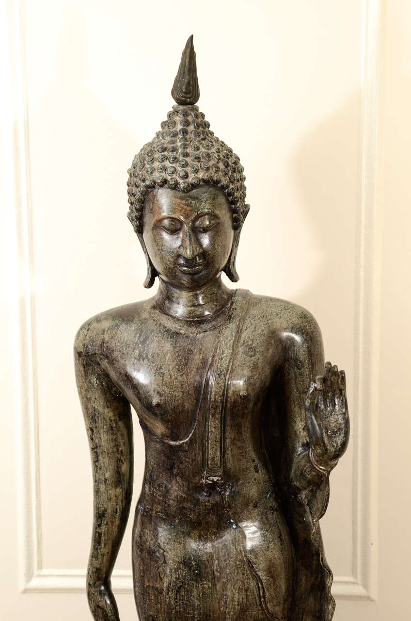 Thai Cambodian Bronze Walking Buddha Statue For Sale