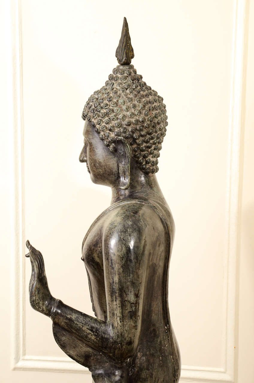 Cambodian Bronze Walking Buddha Statue For Sale 1