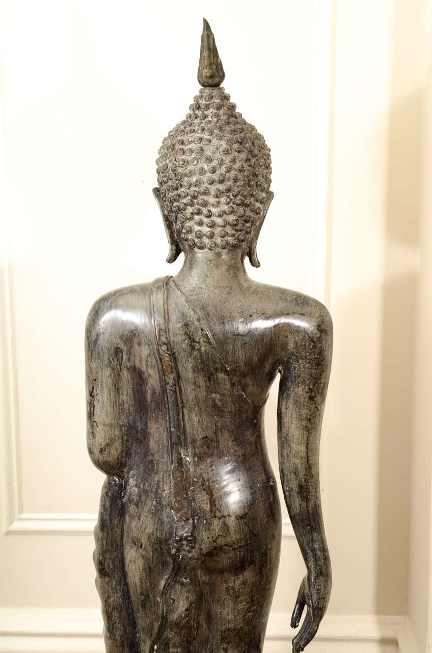 Cambodian Bronze Walking Buddha Statue For Sale 3
