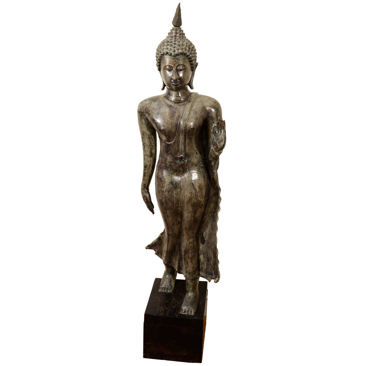 Cambodian Bronze Walking Buddha Statue For Sale