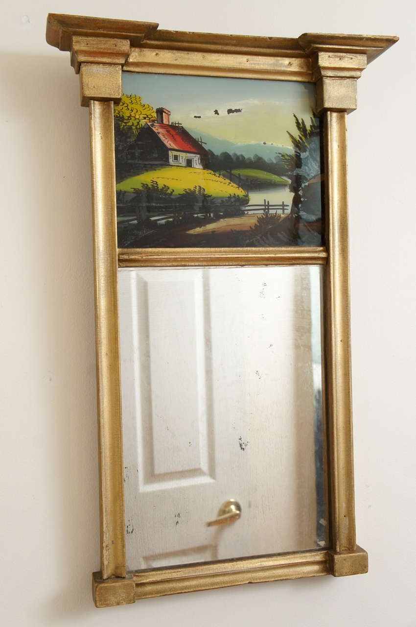 Mirror, Hudson Valley NY, with reverse painting on glass, original wood back, circa 1890's