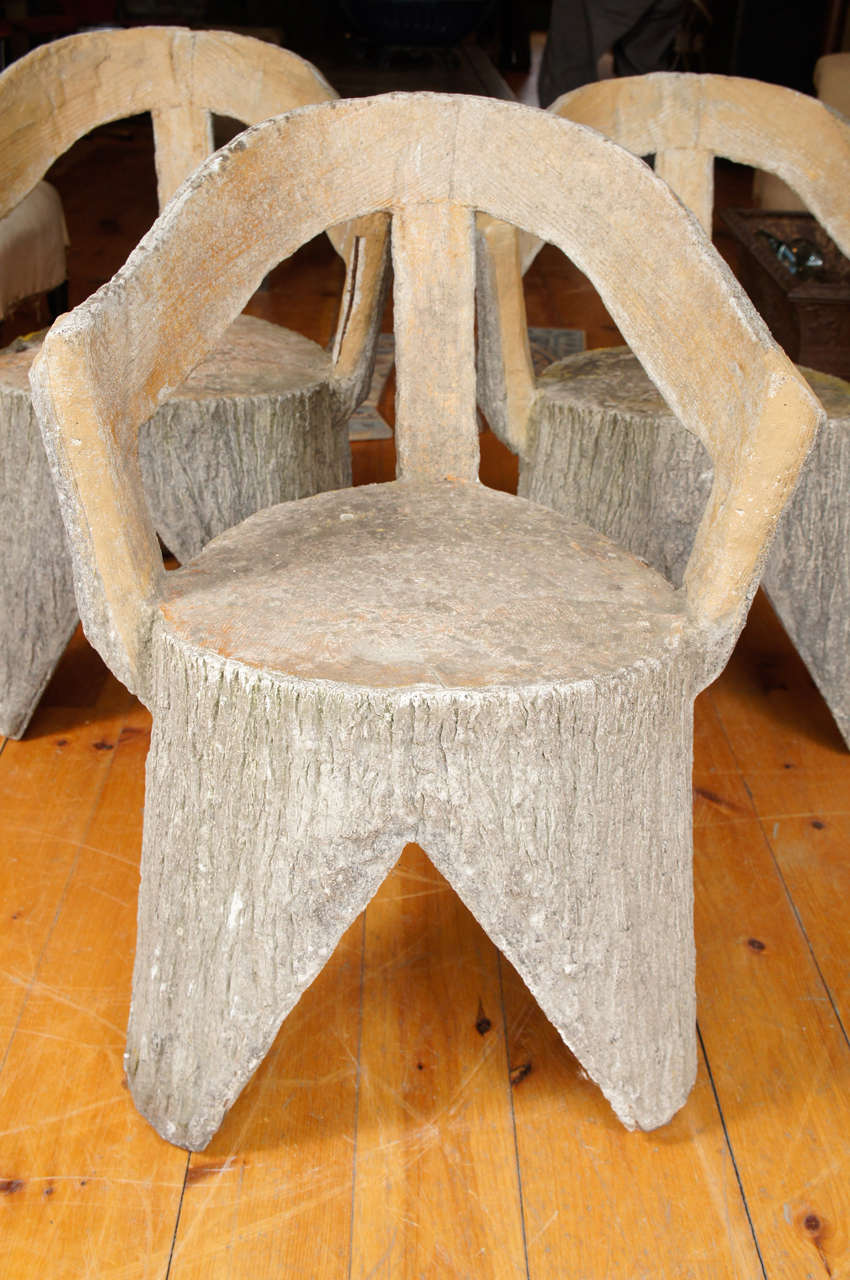 Set of 3 French Faux Bois Stone Garden Chairs In Distressed Condition In Hudson, NY