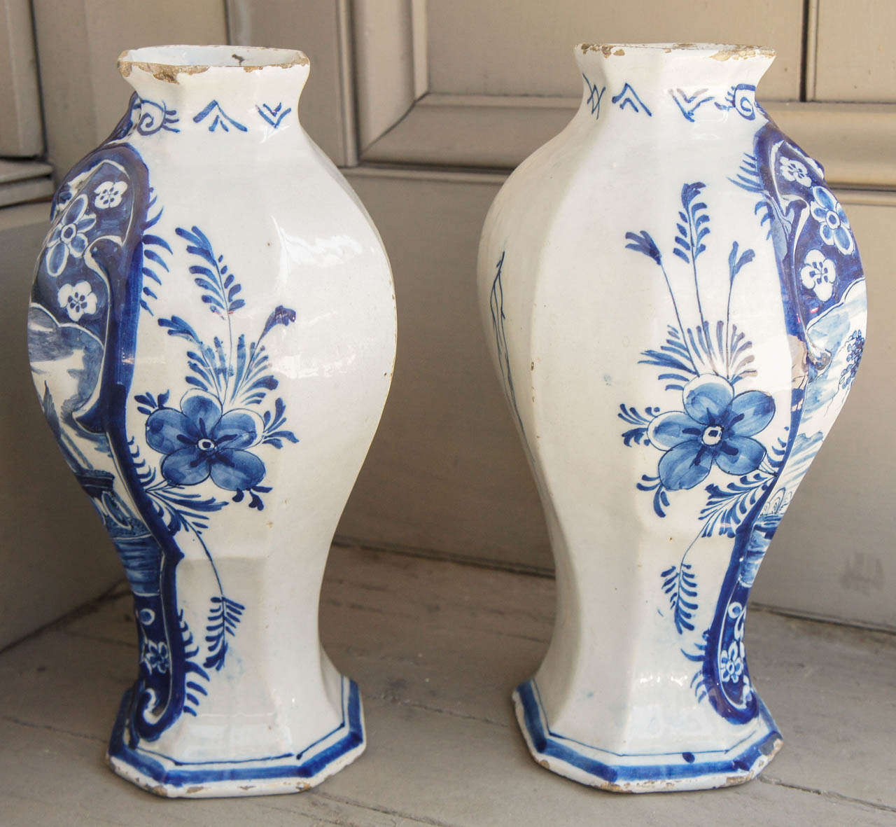18th Century and Earlier Two  18th Century Delft Pottery Vases
