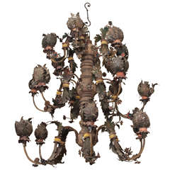 Antique Monumental 18th Century Tole and Wood Chandelier
