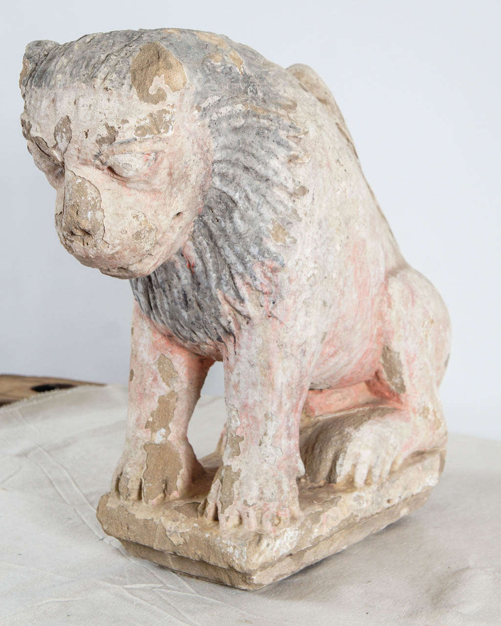 Unknown Primitive Crouching Painted Stone Lion Statue