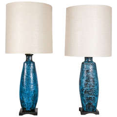 Pair of Large Blue Ceramic Lamps