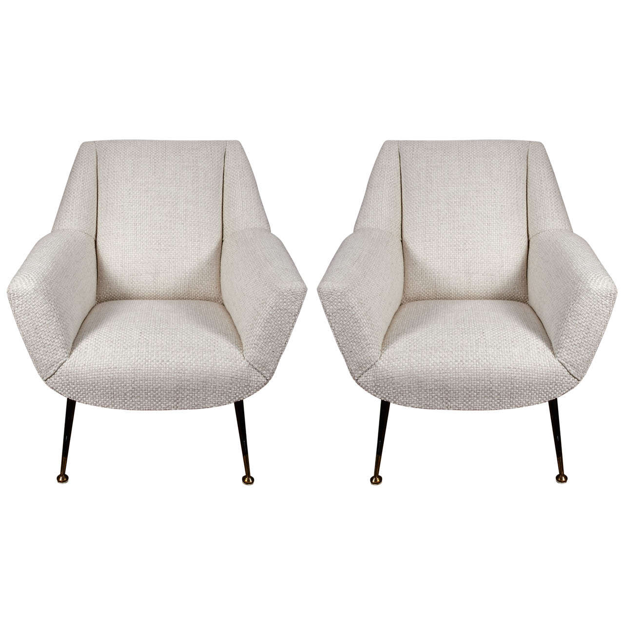 Pair of Italian Armchairs Entirely Reupholstered in Ivory Fabric