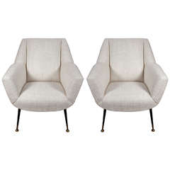 Pair of Italian Armchairs Entirely Reupholstered in Ivory Fabric