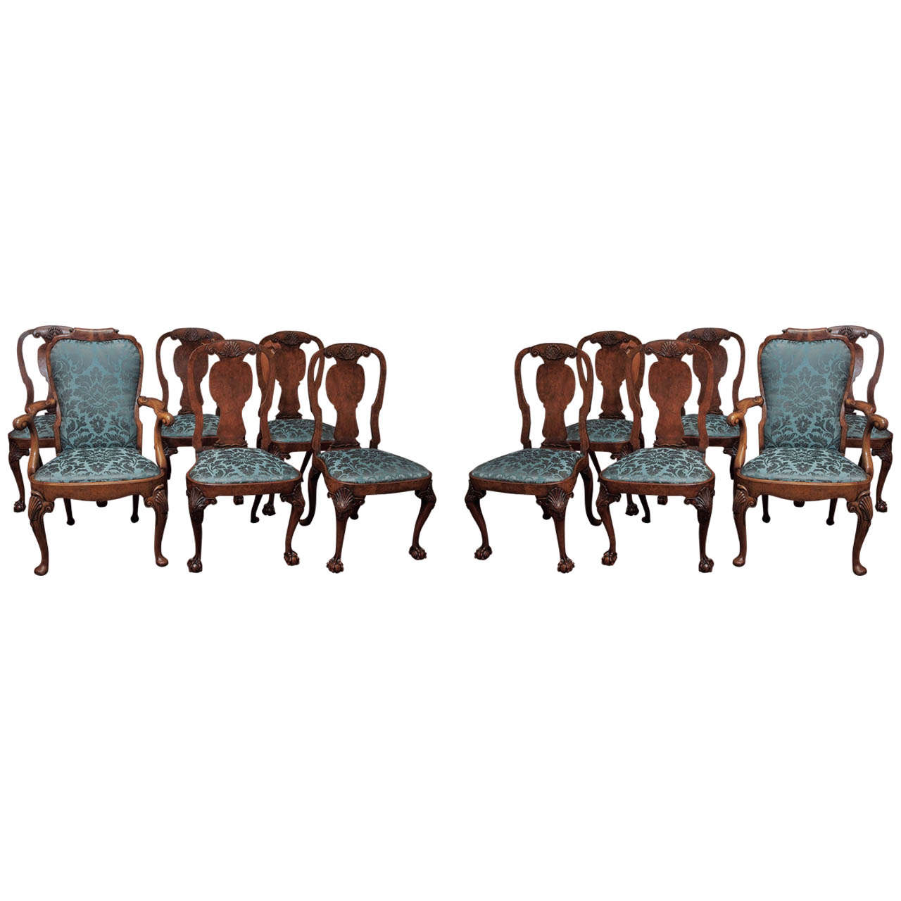 Set of 12 Antique Walnut Queen Anne Style DIning Chairs circa 1865-1885