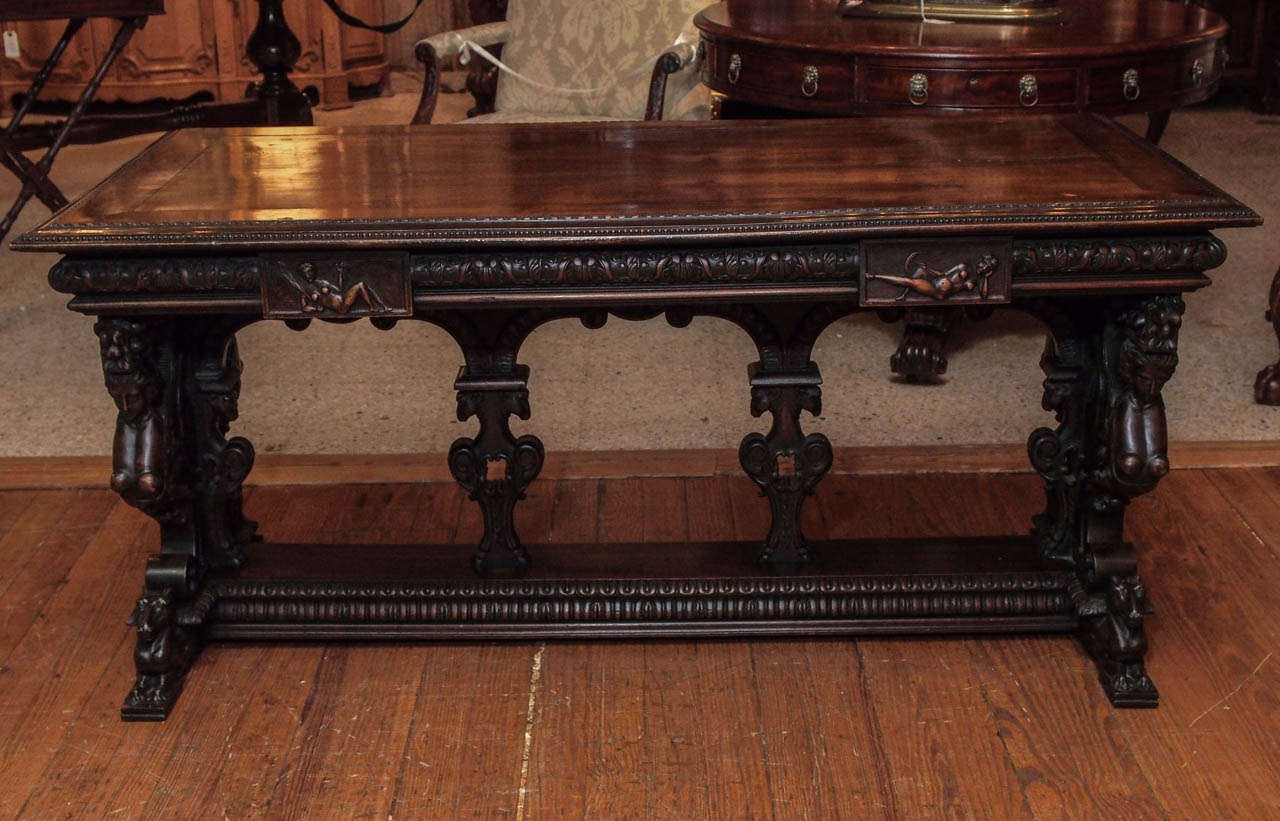 British Early 19th Century Antique Carved Walnut Renaissance Trestle Table