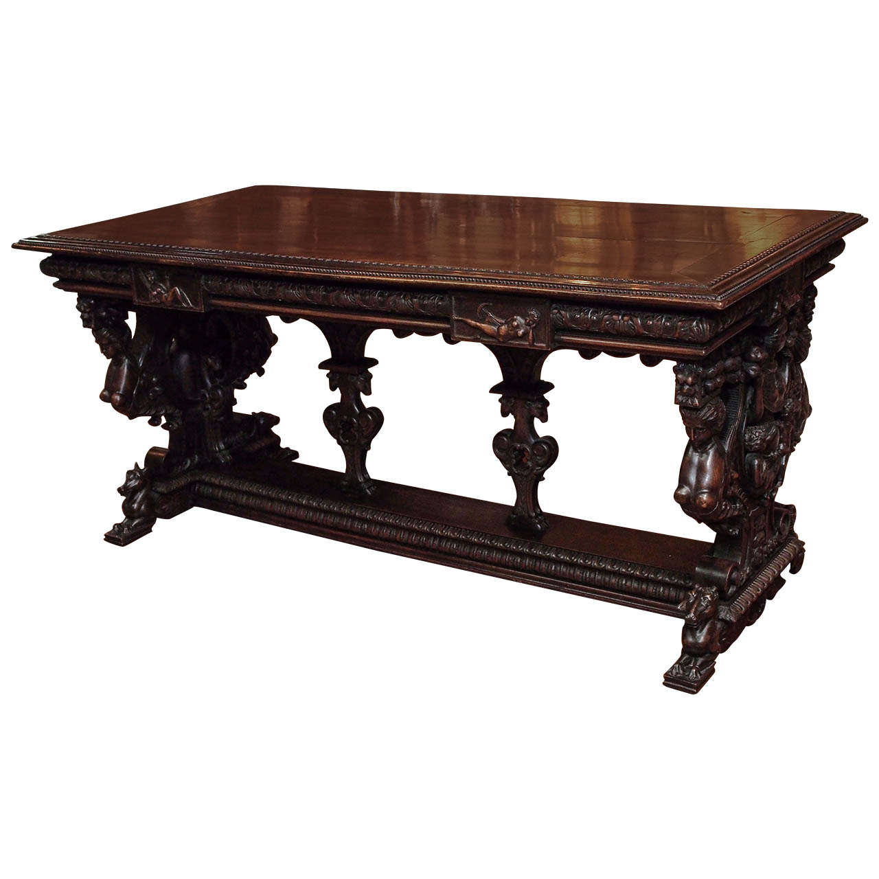 Early 19th Century Antique Carved Walnut Renaissance Trestle Table