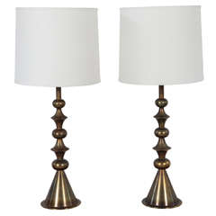 Pair of Mid-Century Stacked Disc and Ball Brass Lamps