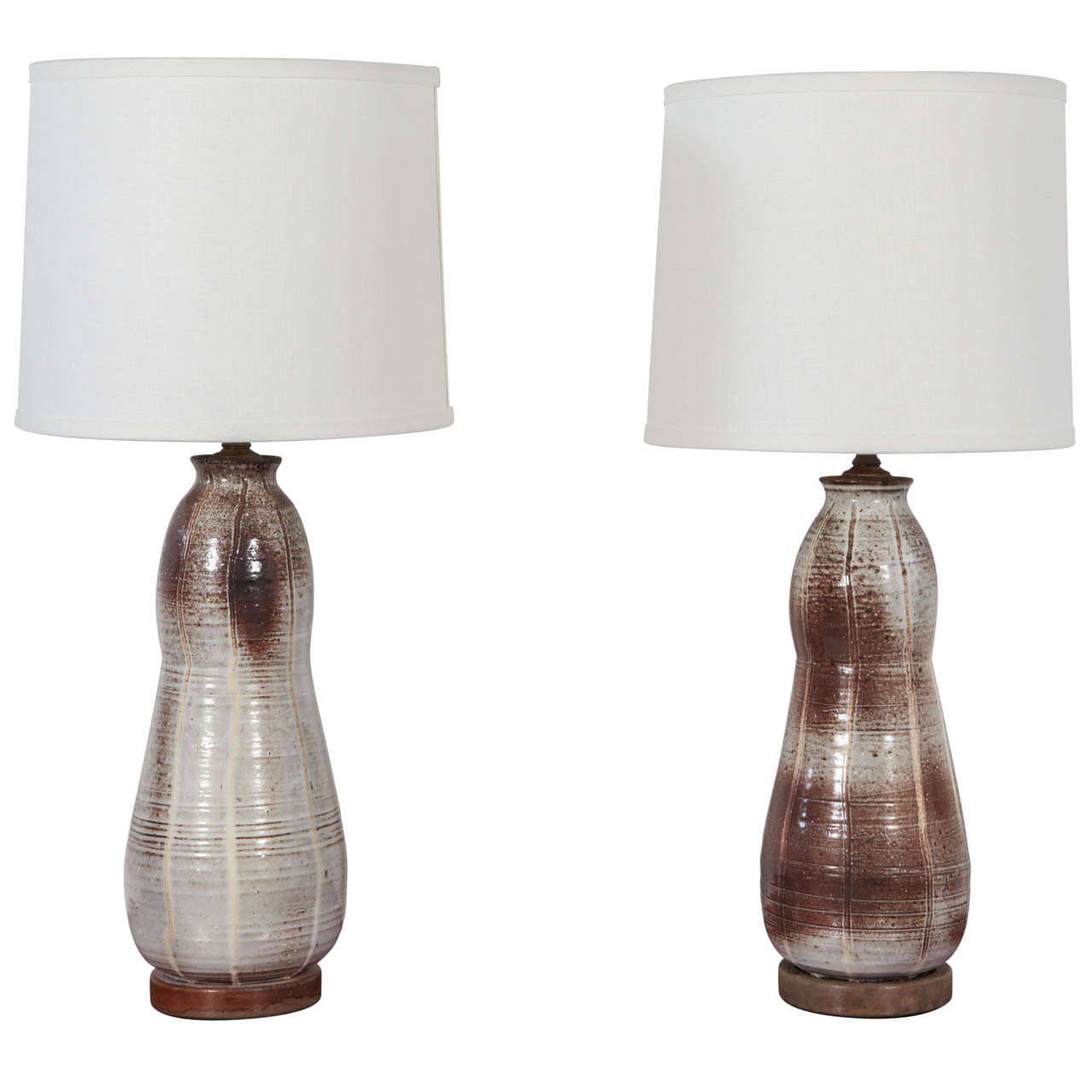 Pair of Ceramic White and Brown Table Lamps