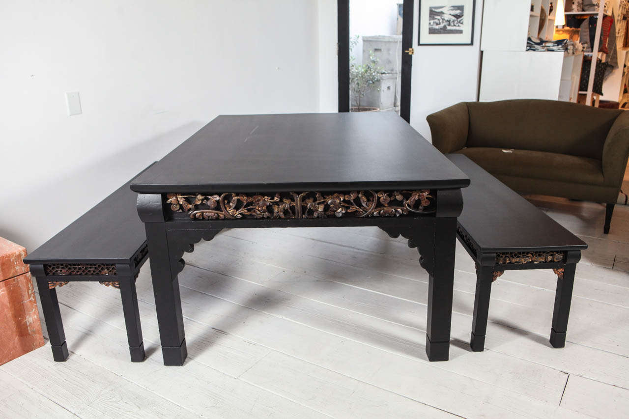 Carved Oriental Table and Benches In Excellent Condition In Los Angeles, CA
