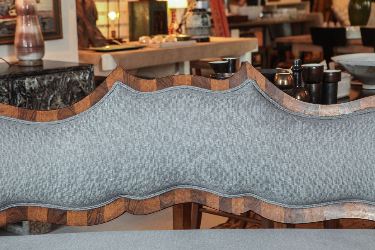 Marquetry Settee in Blue Linen In Good Condition In Los Angeles, CA
