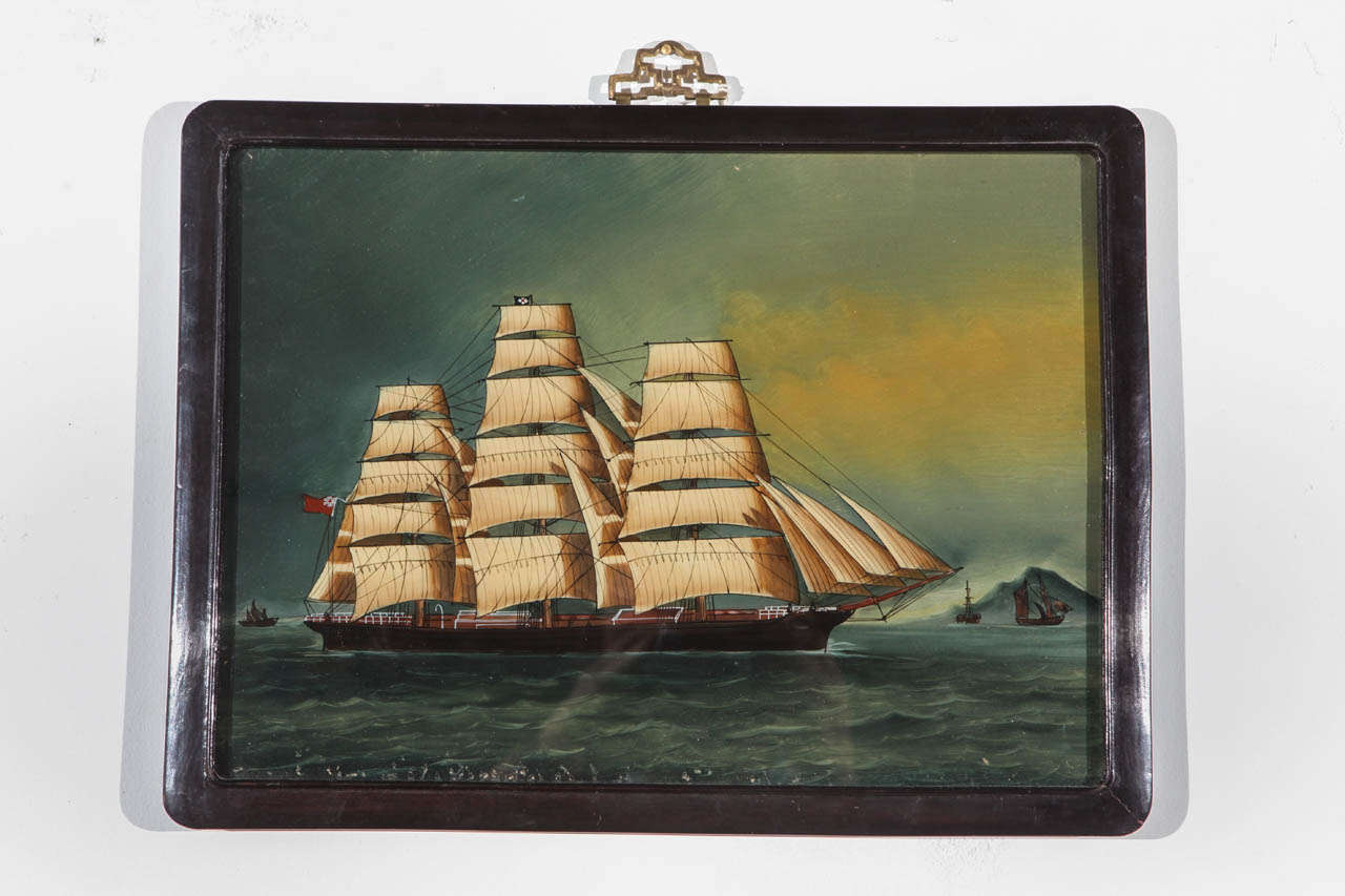Resplendent painting of ship in harbor. Original frame with detailed hanging mechanism.