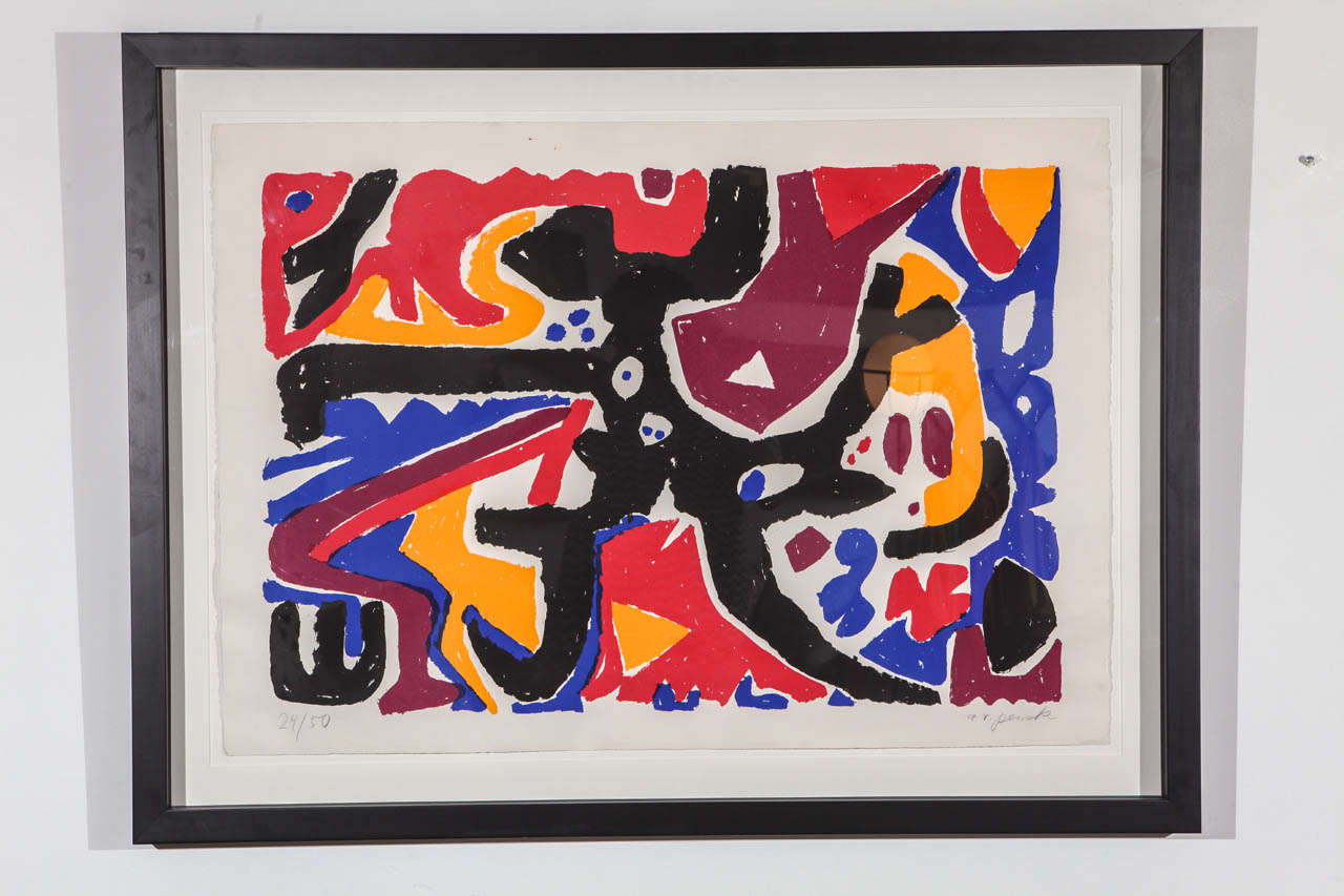 Bright abstract lithograph of a painting in the style of Matisse. Newly framed. Signed edition 24/50.