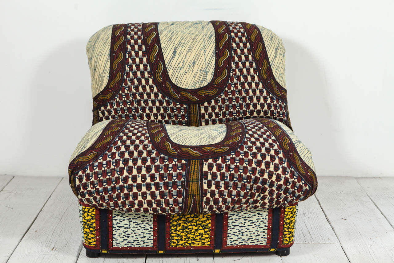 Mid-Century Modern Italian Lounge Chairs in Graphic African Fabric