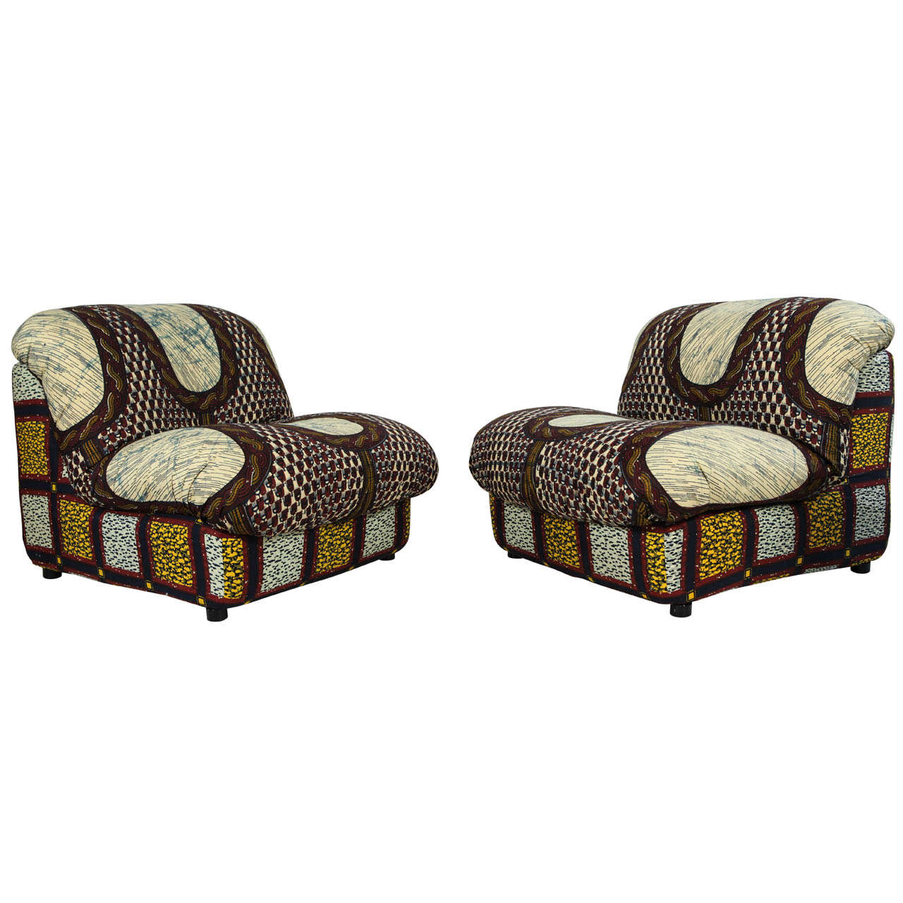 Italian Lounge Chairs in Graphic African Fabric