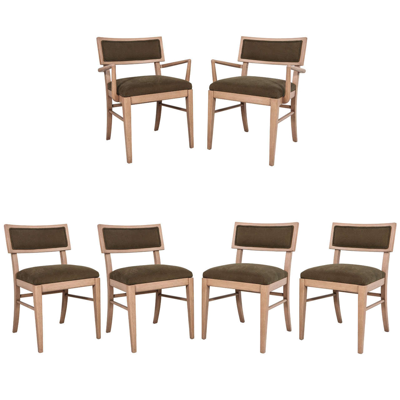Set of Six Oak and Green Denim Dining Chairs