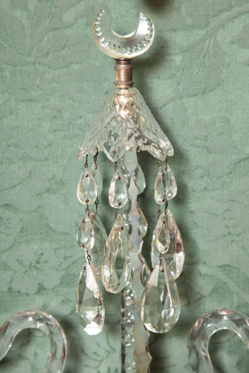 George III Antique Georgian Style Cut Crystal Two-Light Wall Lights, English, circa 1870 For Sale