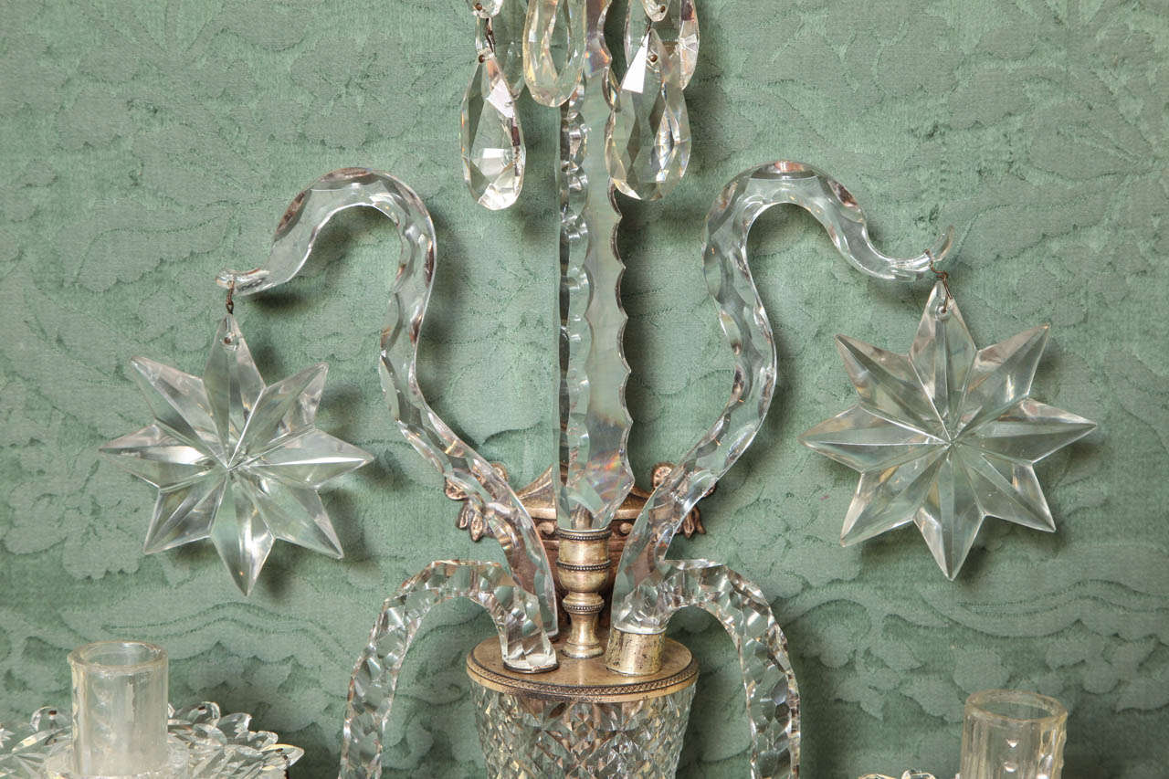 British Antique Georgian Style Cut Crystal Two-Light Wall Lights, English, circa 1870 For Sale