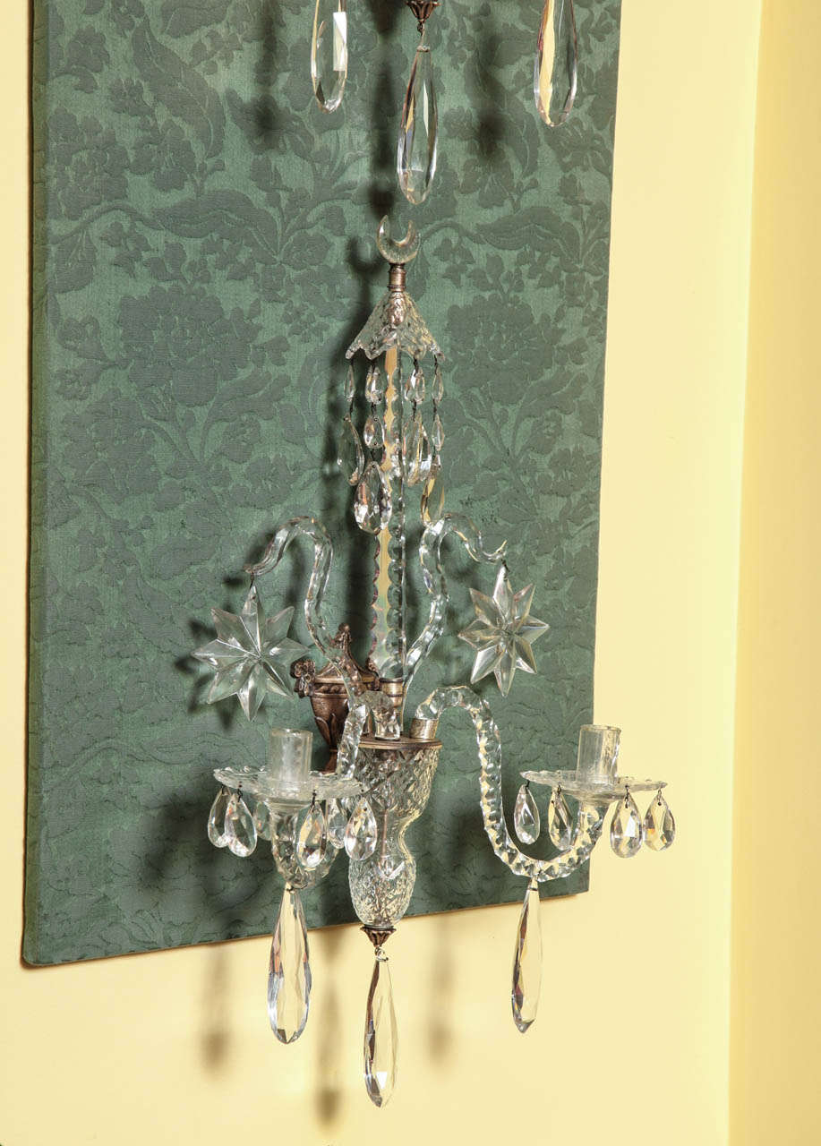 19th Century Antique Georgian Style Cut Crystal Two-Light Wall Lights, English, circa 1870 For Sale