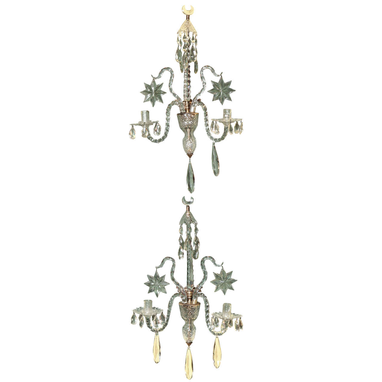 Antique Georgian Style Cut Crystal Two-Light Wall Lights, English, circa 1870 For Sale